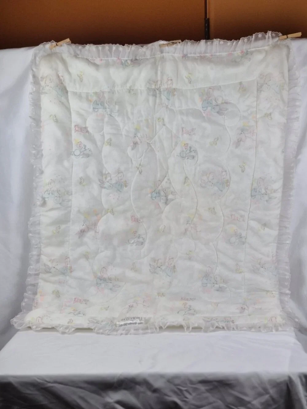 Vintage Sears Satin Quilted Baby Comforter Blanket Sheer Lace Trim Bunny Graphic
